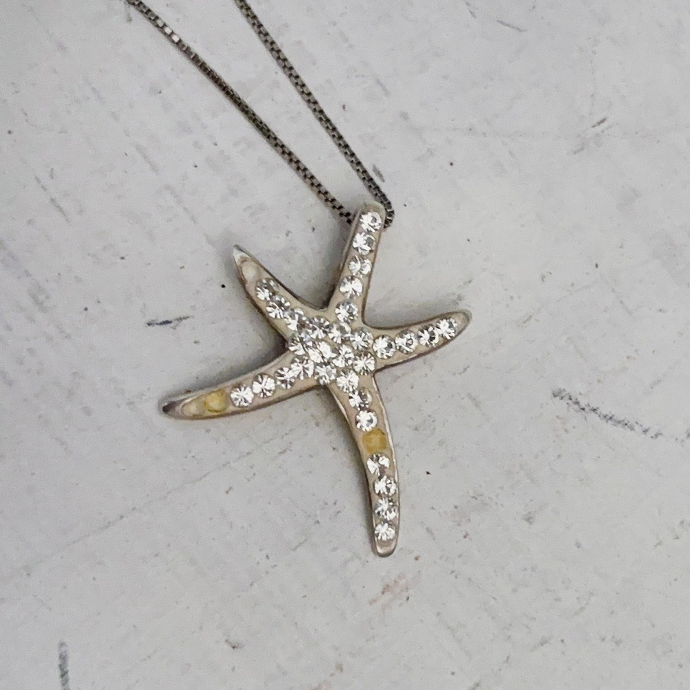 Sterling Silver S925 Necklace Starfish Crystal Pendant Box Chain Boho Beachy